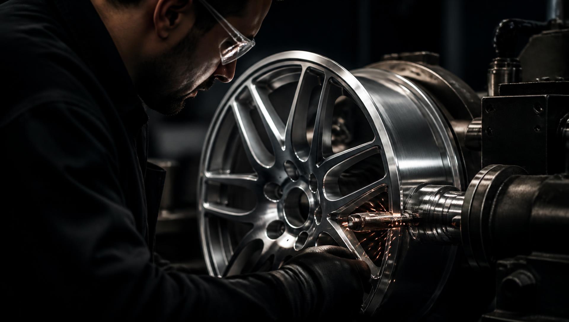 Technician refinishing a silver alloy wheel on a lathe at the RWR workshop