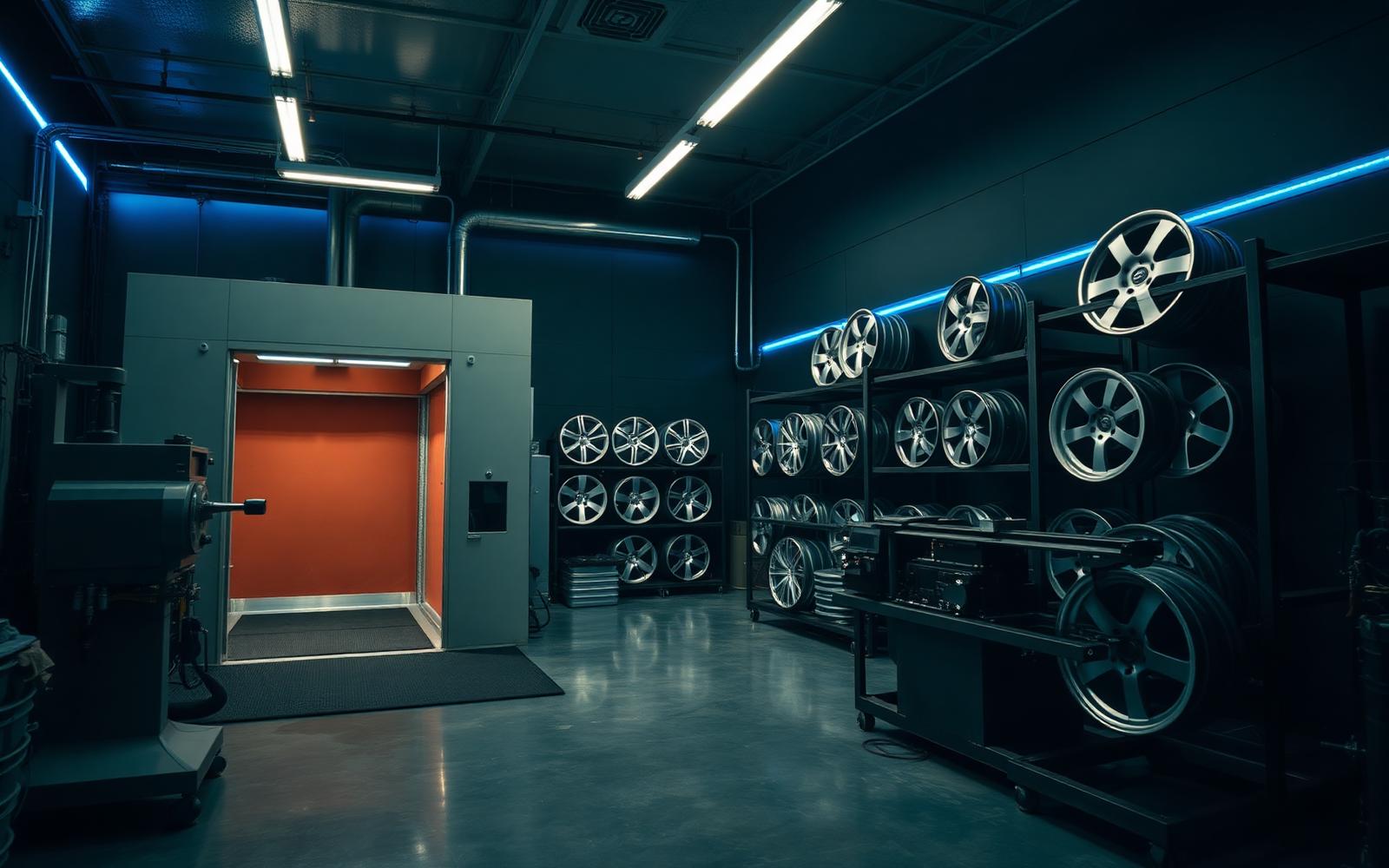 The RWR wheel refinishing workshop with paint booth, lathe and racks of alloy wheels